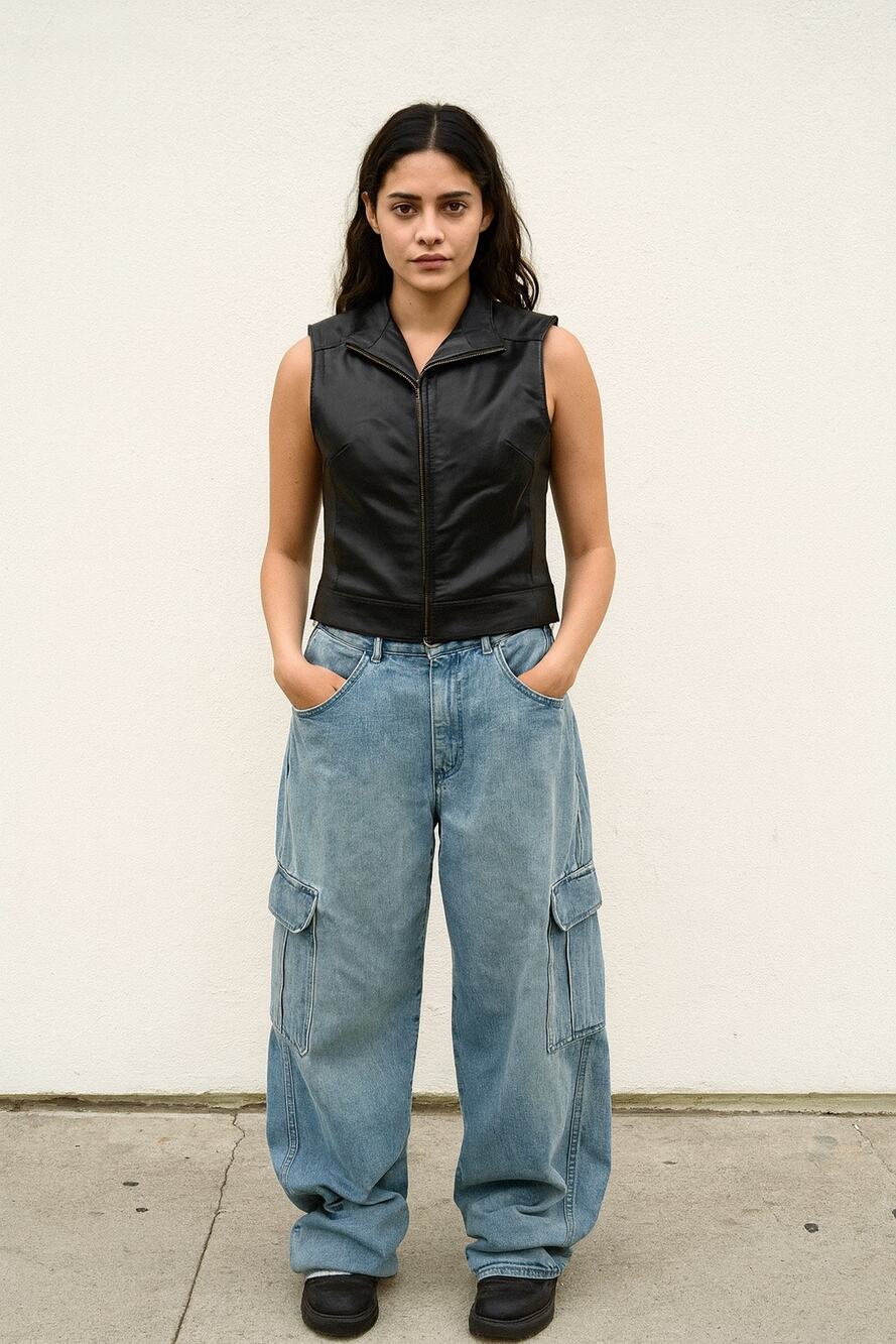 Vintage Leather Y2K Moto Biker Vest Grunge 90s Top Full Zip Medium Layering
